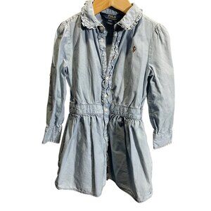 Ralph Lauren Girls 4/4T Chambray Shirt Dress Pleated Ruffle Trim Blue
